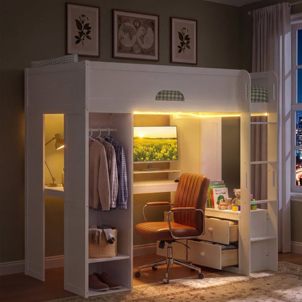 English Elm Twin Loft Bed Solid Wood Frame with L-Shaped Desk Wardrobe Storage and LED Lighting White LT000437AAK