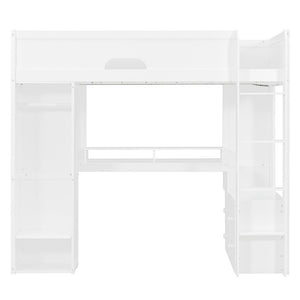 English Elm Twin Loft Bed Solid Wood Frame with L-Shaped Desk Wardrobe Storage and LED Lighting White LT000437AAK
