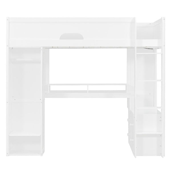 English Elm Twin Loft Bed Solid Wood Frame with L-Shaped Desk Wardrobe Storage and LED Lighting White LT000437AAK