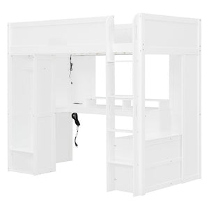 English Elm Twin Loft Bed Solid Wood Frame with L-Shaped Desk Wardrobe Storage and LED Lighting White LT000437AAK