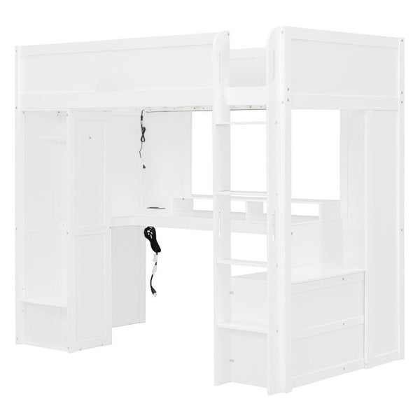 English Elm Twin Loft Bed Solid Wood Frame with L-Shaped Desk Wardrobe Storage and LED Lighting White LT000437AAK