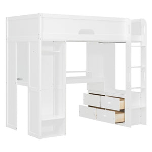 English Elm Twin Loft Bed Solid Wood Frame with L-Shaped Desk Wardrobe Storage and LED Lighting White LT000437AAK