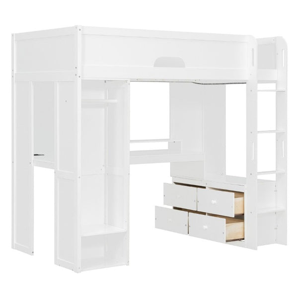 English Elm Twin Loft Bed Solid Wood Frame with L-Shaped Desk Wardrobe Storage and LED Lighting White LT000437AAK