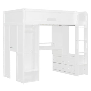 English Elm Twin Loft Bed Solid Wood Frame with L-Shaped Desk Wardrobe Storage and LED Lighting White LT000437AAK