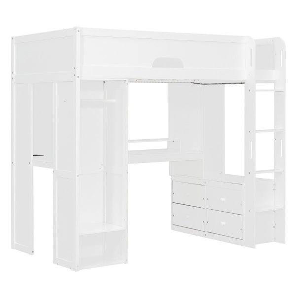 English Elm Twin Loft Bed Solid Wood Frame with L-Shaped Desk Wardrobe Storage and LED Lighting White LT000437AAK