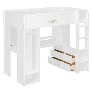English Elm Twin Loft Bed Solid Wood Frame with L-Shaped Desk Wardrobe Storage and LED Lighting White LT000437AAK