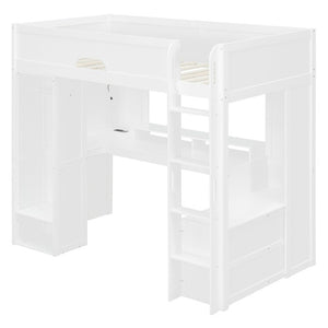 English Elm Twin Loft Bed Solid Wood Frame with L-Shaped Desk Wardrobe Storage and LED Lighting White LT000437AAK