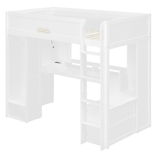 English Elm Twin Loft Bed Solid Wood Frame with L-Shaped Desk Wardrobe Storage and LED Lighting White LT000437AAK