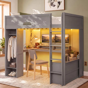 English Elm Full Size Solid Wood Loft Bed with L Shaped Desk Wardrobe Smart LED and USB Charging Gray LT000438AAE