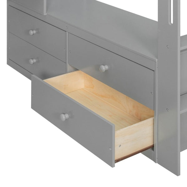English Elm Full Size Solid Wood Loft Bed with L Shaped Desk Wardrobe Smart LED and USB Charging Gray LT000438AAE