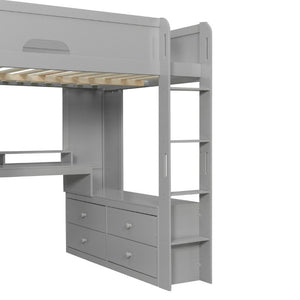 English Elm Full Size Solid Wood Loft Bed with L Shaped Desk Wardrobe Smart LED and USB Charging Gray LT000438AAE