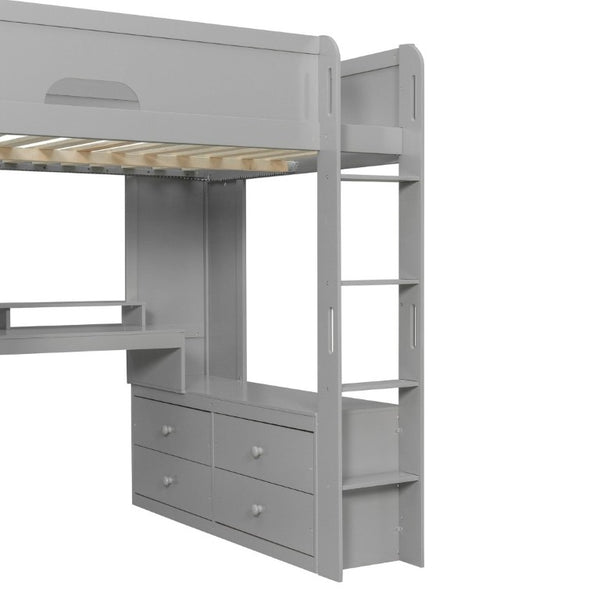 English Elm Full Size Solid Wood Loft Bed with L Shaped Desk Wardrobe Smart LED and USB Charging Gray LT000438AAE