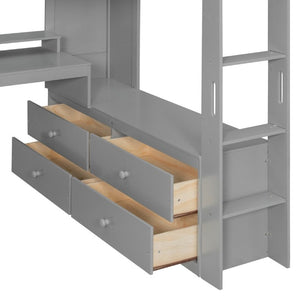 English Elm Full Size Solid Wood Loft Bed with L Shaped Desk Wardrobe Smart LED and USB Charging Gray LT000438AAE