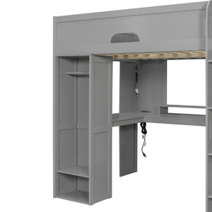 English Elm Full Size Solid Wood Loft Bed with L Shaped Desk Wardrobe Smart LED and USB Charging Gray LT000438AAE