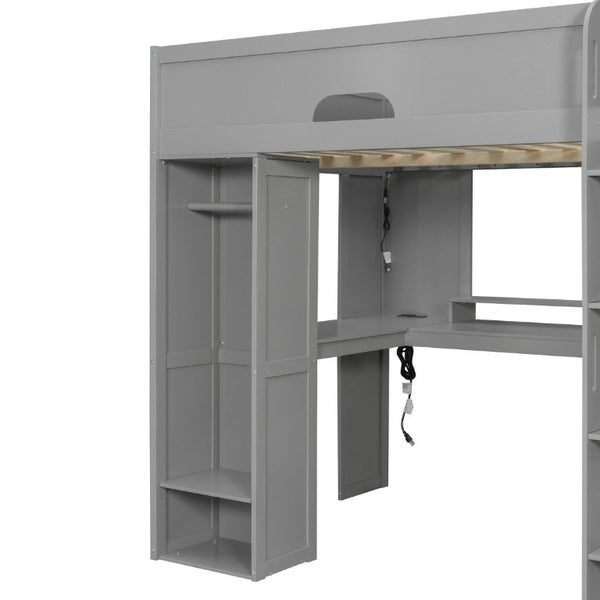 English Elm Full Size Solid Wood Loft Bed with L Shaped Desk Wardrobe Smart LED and USB Charging Gray LT000438AAE