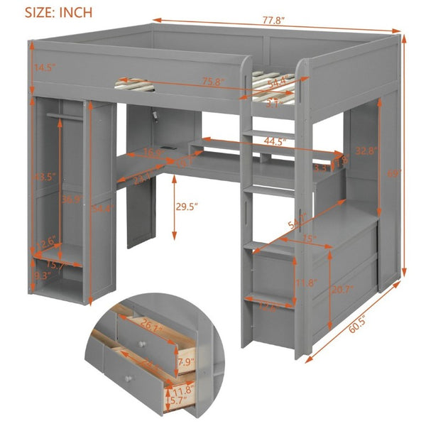 English Elm Full Size Solid Wood Loft Bed with L Shaped Desk Wardrobe Smart LED and USB Charging Gray LT000438AAE