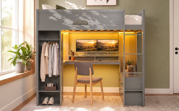 English Elm Full Size Solid Wood Loft Bed with L Shaped Desk Wardrobe Smart LED and USB Charging Gray LT000438AAE
