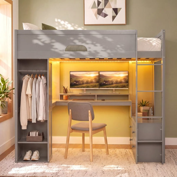 English Elm Full Size Solid Wood Loft Bed with L Shaped Desk Wardrobe Smart LED and USB Charging Gray LT000438AAE