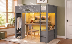 English Elm Full Size Solid Wood Loft Bed with L Shaped Desk Wardrobe Smart LED and USB Charging Gray LT000438AAE