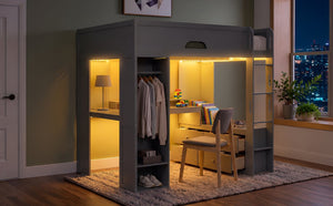 English Elm Full Size Solid Wood Loft Bed with L Shaped Desk Wardrobe Smart LED and USB Charging Gray LT000438AAE