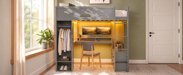 English Elm Full Size Solid Wood Loft Bed with L Shaped Desk Wardrobe Smart LED and USB Charging Gray LT000438AAE