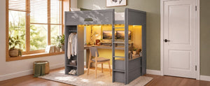 English Elm Full Size Solid Wood Loft Bed with L Shaped Desk Wardrobe Smart LED and USB Charging Gray LT000438AAE