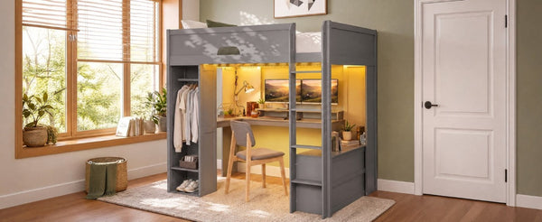 English Elm Full Size Solid Wood Loft Bed with L Shaped Desk Wardrobe Smart LED and USB Charging Gray LT000438AAE