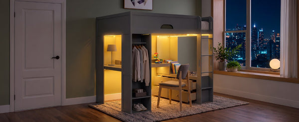 English Elm Full Size Solid Wood Loft Bed with L Shaped Desk Wardrobe Smart LED and USB Charging Gray LT000438AAE