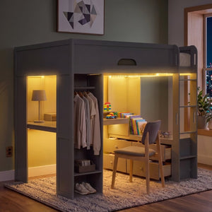 English Elm Full Size Solid Wood Loft Bed with L Shaped Desk Wardrobe Smart LED and USB Charging Gray LT000438AAE