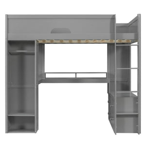English Elm Full Size Solid Wood Loft Bed with L Shaped Desk Wardrobe Smart LED and USB Charging Gray LT000438AAE