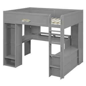 English Elm Full Size Solid Wood Loft Bed with L Shaped Desk Wardrobe Smart LED and USB Charging Gray LT000438AAE