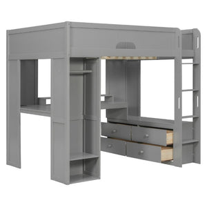 English Elm Full Size Solid Wood Loft Bed with L Shaped Desk Wardrobe Smart LED and USB Charging Gray LT000438AAE