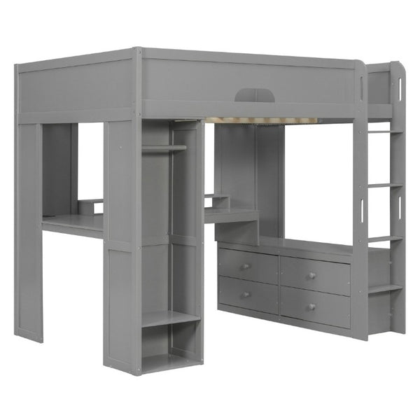 English Elm Full Size Solid Wood Loft Bed with L Shaped Desk Wardrobe Smart LED and USB Charging Gray LT000438AAE