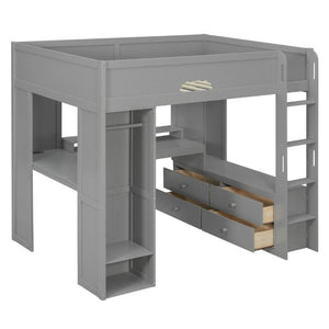 English Elm Full Size Solid Wood Loft Bed with L Shaped Desk Wardrobe Smart LED and USB Charging Gray LT000438AAE
