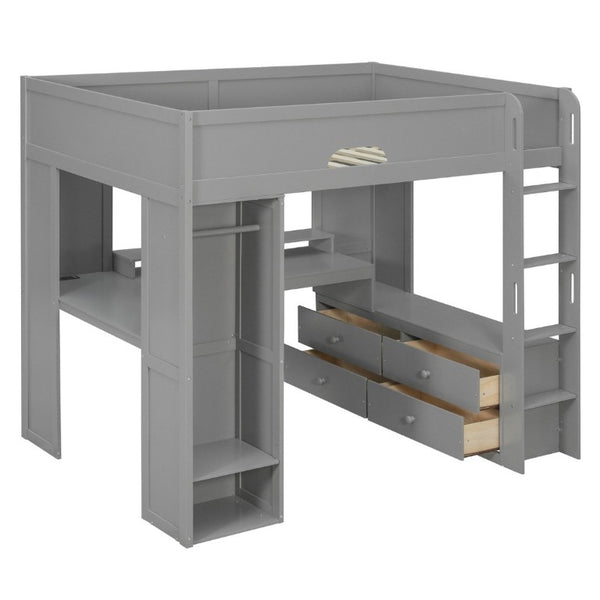 English Elm Full Size Solid Wood Loft Bed with L Shaped Desk Wardrobe Smart LED and USB Charging Gray LT000438AAE