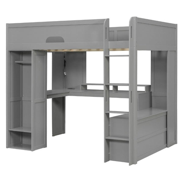English Elm Full Size Solid Wood Loft Bed with L Shaped Desk Wardrobe Smart LED and USB Charging Gray LT000438AAE