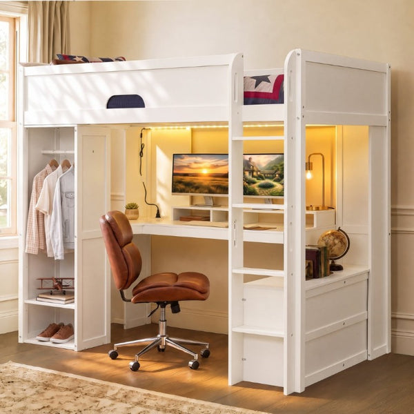 English Elm Full Size Solid Wood Loft Bed with L Shaped Desk Wardrobe Smart LED and USB Charging White LT000438AAK