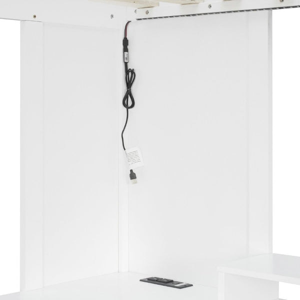English Elm Full Size Solid Wood Loft Bed with L Shaped Desk Wardrobe Smart LED and USB Charging White LT000438AAK