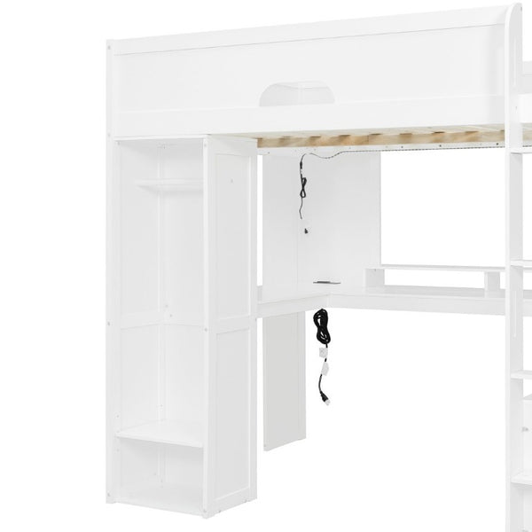 English Elm Full Size Solid Wood Loft Bed with L Shaped Desk Wardrobe Smart LED and USB Charging White LT000438AAK