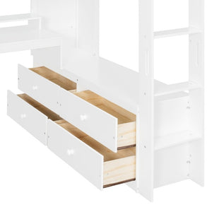 English Elm Full Size Solid Wood Loft Bed with L Shaped Desk Wardrobe Smart LED and USB Charging White LT000438AAK