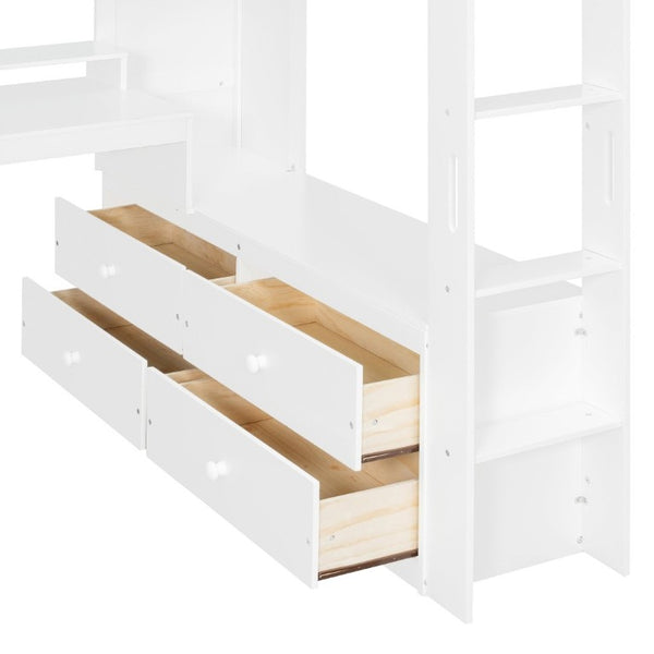 English Elm Full Size Solid Wood Loft Bed with L Shaped Desk Wardrobe Smart LED and USB Charging White LT000438AAK