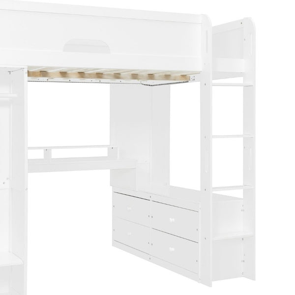English Elm Full Size Solid Wood Loft Bed with L Shaped Desk Wardrobe Smart LED and USB Charging White LT000438AAK