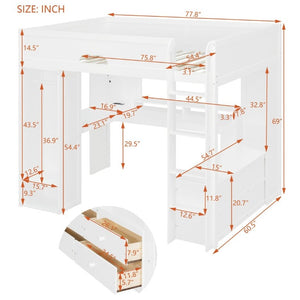 English Elm Full Size Solid Wood Loft Bed with L Shaped Desk Wardrobe Smart LED and USB Charging White LT000438AAK