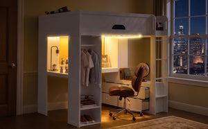 English Elm Full Size Solid Wood Loft Bed with L Shaped Desk Wardrobe Smart LED and USB Charging White LT000438AAK