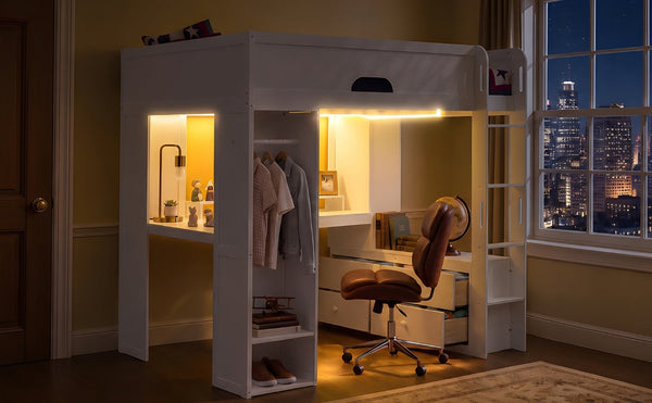 English Elm Full Size Solid Wood Loft Bed with L Shaped Desk Wardrobe Smart LED and USB Charging White LT000438AAK