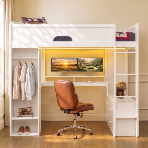 English Elm Full Size Solid Wood Loft Bed with L Shaped Desk Wardrobe Smart LED and USB Charging White LT000438AAK