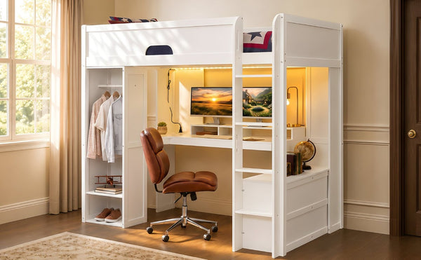 English Elm Full Size Solid Wood Loft Bed with L Shaped Desk Wardrobe Smart LED and USB Charging White LT000438AAK