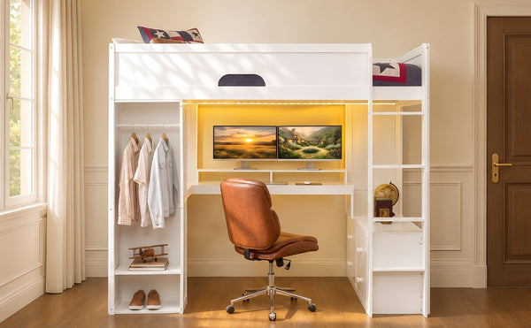 English Elm Full Size Solid Wood Loft Bed with L Shaped Desk Wardrobe Smart LED and USB Charging White LT000438AAK