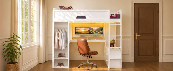 English Elm Full Size Solid Wood Loft Bed with L Shaped Desk Wardrobe Smart LED and USB Charging White LT000438AAK