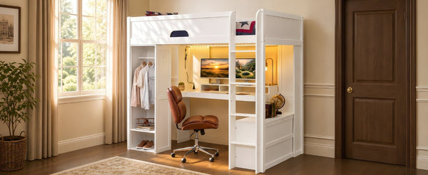 English Elm Full Size Solid Wood Loft Bed with L Shaped Desk Wardrobe Smart LED and USB Charging White LT000438AAK